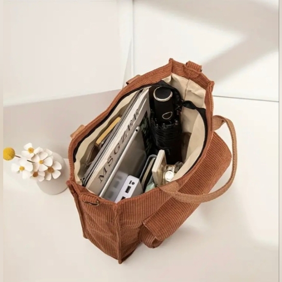 Vintage Retro Urban Chic Brown Chestnut Corduroy Crossbody Bag Minimalist Tote - Picture 13 of 16